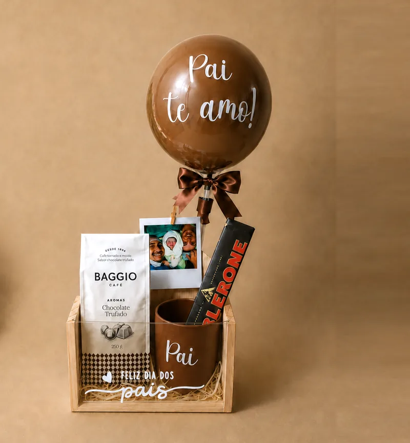 Box Meu Porto — café Baggio, caneca personalizada, foto Polaroid e balão “Pai te amo”