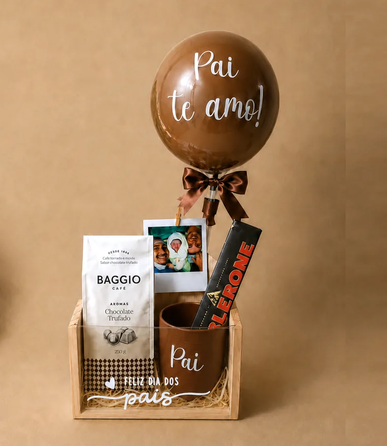 Box Meu Porto — café, caneca personalizada, foto Polaroid e balão “Pai te amo”